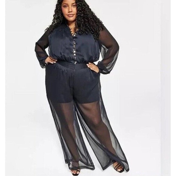 Nina Parker Jumpsuit Sheer Overlay Button Front Plus Size 24W Party Black NWT - Picture 1 of 9